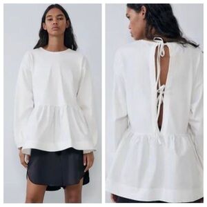 Zara White/Ivory Contrast Peplum Tie Open Back Long Sleeves Tiered Top Blouse S